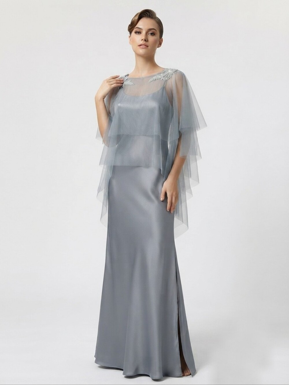 NWOT Layered Gray Tulle Crystal Embellished Capelet - One Size
